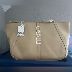 Cavalli Class Beige Leather Tote with Gold Logo